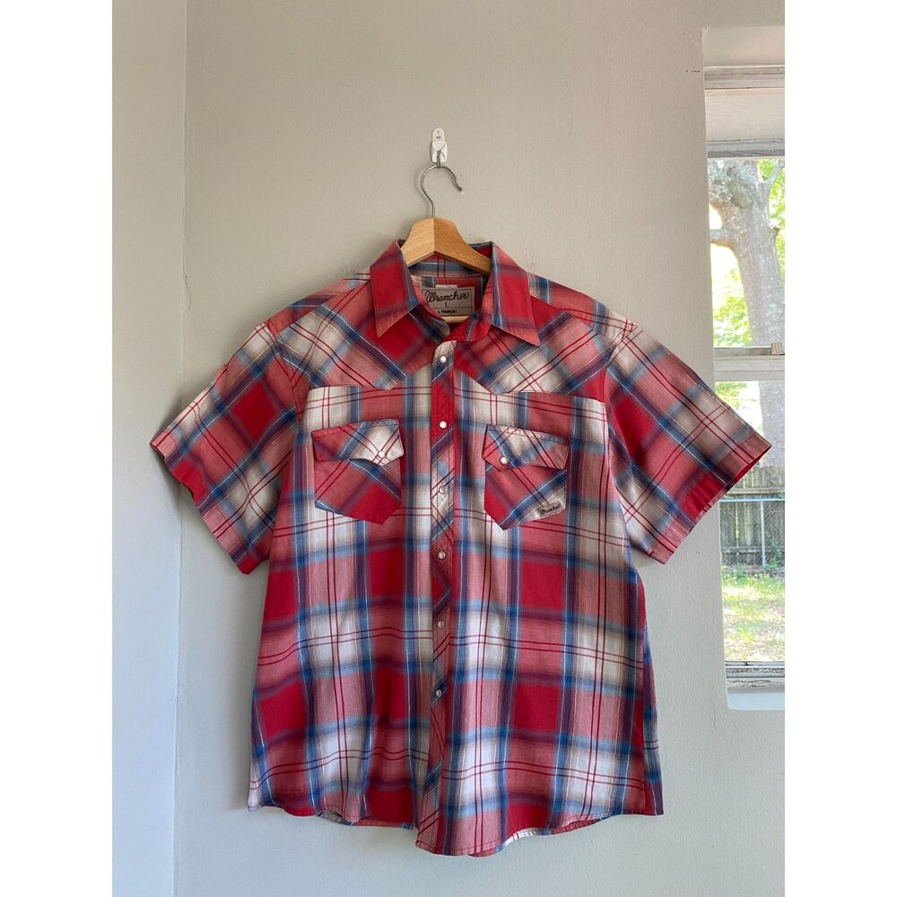 Vintage Wrangler Wrancher Western Shirt Pearl Snap Red Metallic Plaid  Men's L